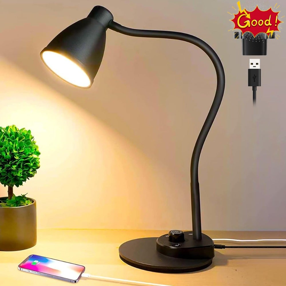 LED Desk Lamp, 3 Color Modes, Table Lamp for Bedside with USB Charging Port, Flexible Gooseneck Task Lamp Auto Dimming for Reading Study,Adapter Include