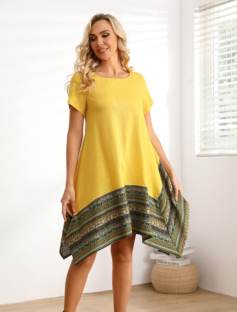 Minibee Women's Ethnic Cotton Linen Short Sleeves Irregular Tunic Dress(3XL Yellow) - Image 4