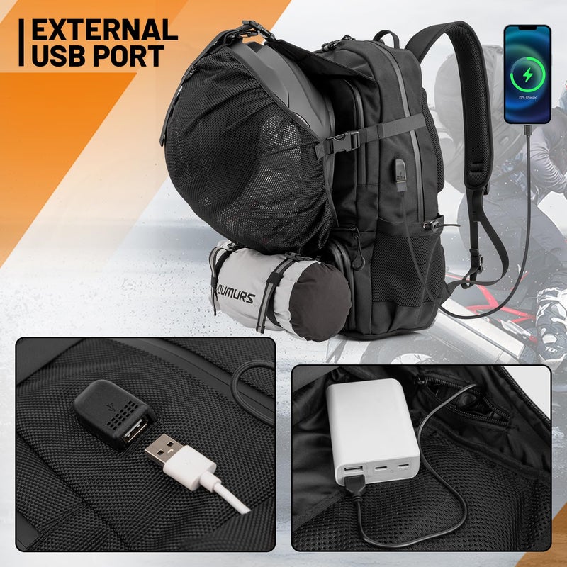Oumurs Motorcycle Backpack 50L, Waterproof 1680D Oxford Fabric, Expandable, Motorbike Helmet Bag, Reflective, Helmet Strap, USB, Large Capacity, Laptop Rucksack, Long Distance Travel Backpack, Black - Image 4