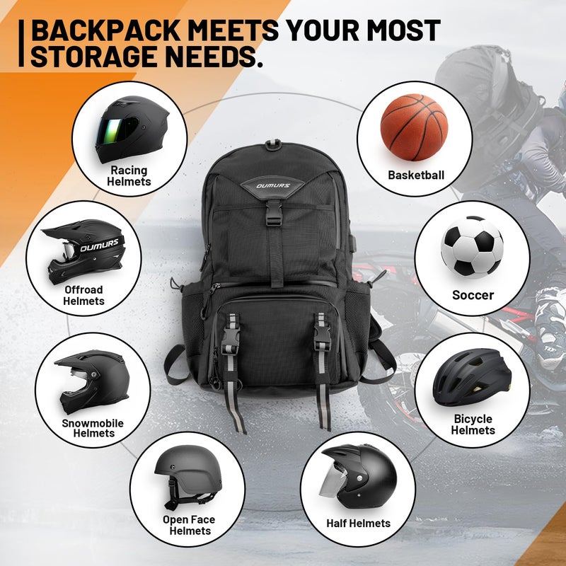 Oumurs Motorcycle Backpack 50L, Waterproof 1680D Oxford Fabric, Expandable, Motorbike Helmet Bag, Reflective, Helmet Strap, USB, Large Capacity, Laptop Rucksack, Long Distance Travel Backpack, Black - Image 3