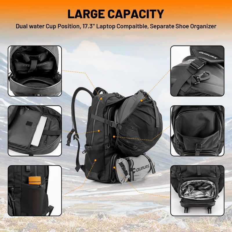 Oumurs Motorcycle Backpack 50L, Waterproof 1680D Oxford Fabric, Expandable, Motorbike Helmet Bag, Reflective, Helmet Strap, USB, Large Capacity, Laptop Rucksack, Long Distance Travel Backpack, Black - Image 5