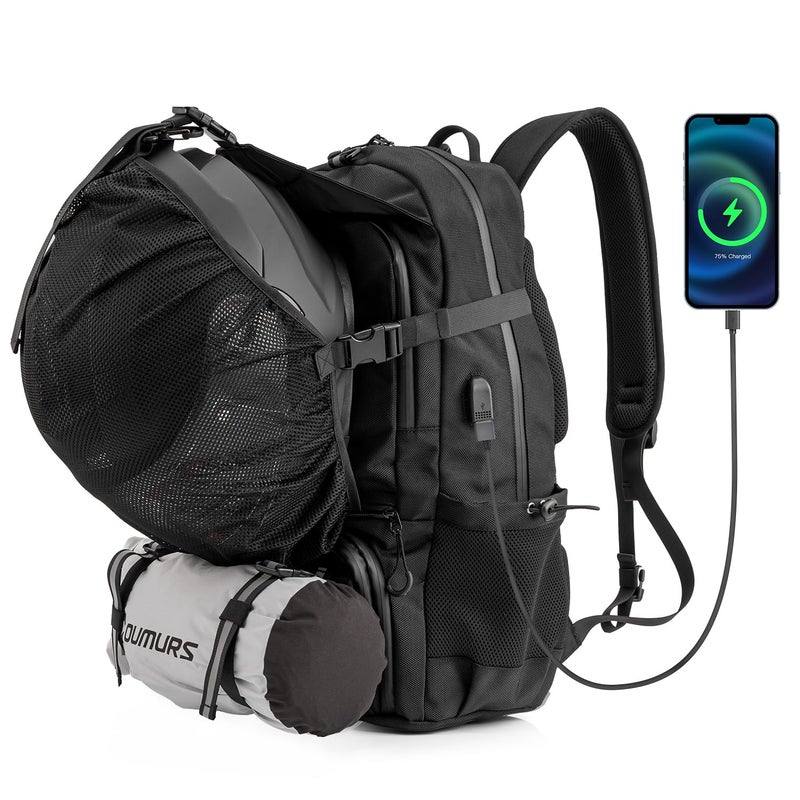 Oumurs Motorcycle Backpack 50L, Waterproof 1680D Oxford Fabric, Expandable, Motorbike Helmet Bag, Reflective, Helmet Strap, USB, Large Capacity, Laptop Rucksack, Long Distance Travel Backpack, Black - Image 2