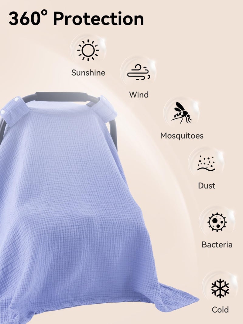 TILLYOU Baby Car Seat Cover, Breathable Muslin Cotton Infant Car Seat Cover, Lightweight Canopy with Sun and Bug Protection(Blue) - Image 2