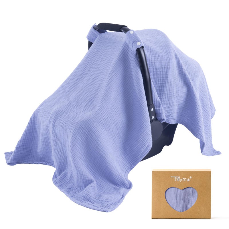 TILLYOU Baby Car Seat Cover, Breathable Muslin Cotton Infant Car Seat Cover, Lightweight Canopy with Sun and Bug Protection(Blue) - Image 1