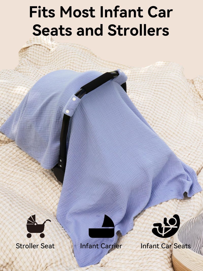 TILLYOU Baby Car Seat Cover, Breathable Muslin Cotton Infant Car Seat Cover, Lightweight Canopy with Sun and Bug Protection(Blue) - Image 3