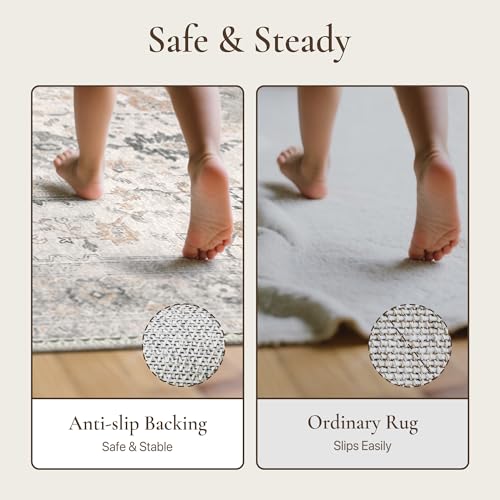 GENIMO 4x6 Area Rugs for Living Room, Machine Washable Low Pile Vintage Rugs, Non Slip Lightweight Chenille Print Rug for Bedroom, Dining Room, Home Office, Light Taupe Brown - Image 5