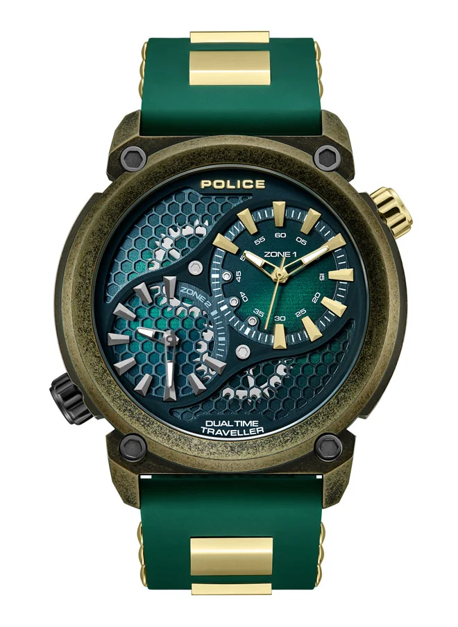 بوليس Boa 48mm Antique Gold Ion-Plated Case Watch with Black-to-Green Sunray Dial, Dual Crowns, Green Silicone Strap