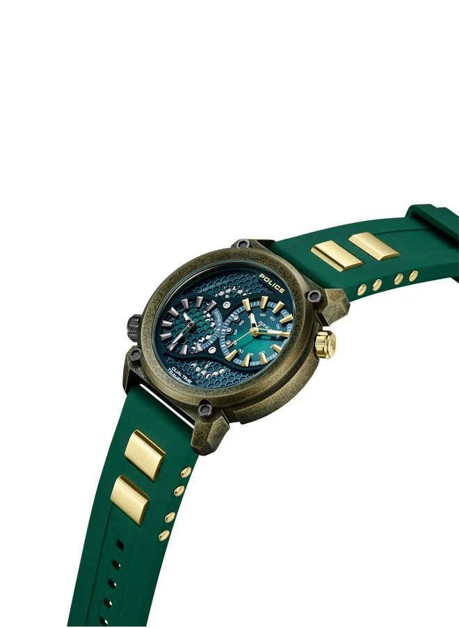 بوليس Boa 48mm Antique Gold Ion-Plated Case Watch with Black-to-Green Sunray Dial, Dual Crowns, Green Silicone Strap