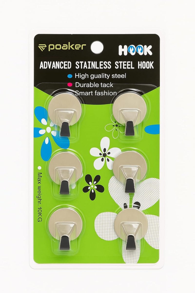 Poaker خطافات حائط لاصقة من ستانلس ستيل 6 قطع من بوكر - Image 1