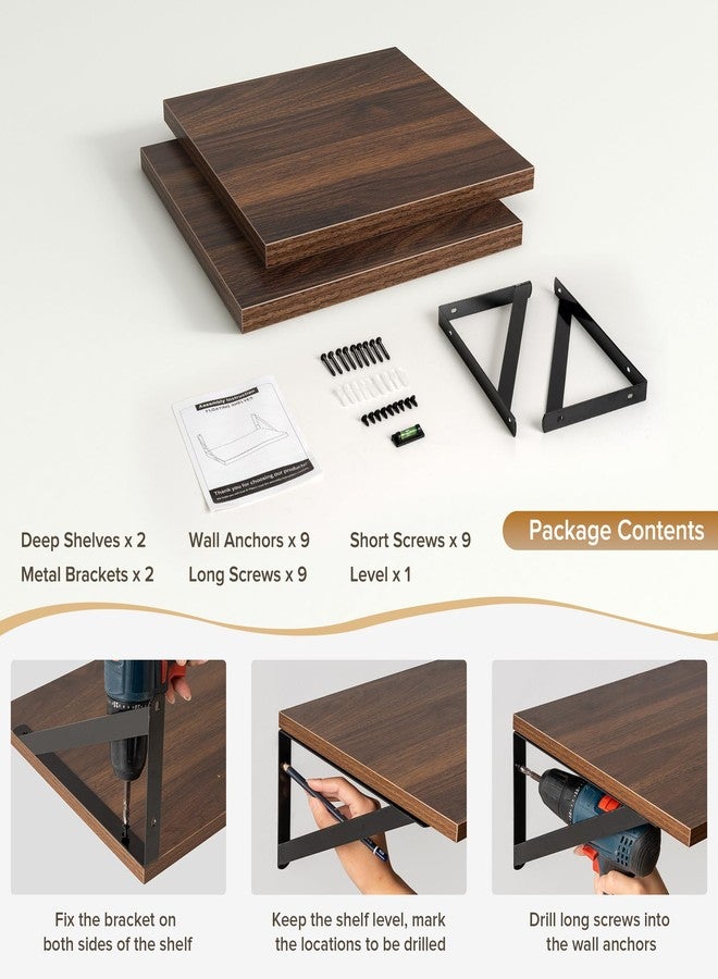 Acovy Deep Floating Shelves Wall Mounted, 12"x12" Walnut Wall Shelves with Brackets Set of 2 for Bedroom, Living Room, Bathroom, Kitchen, Office - Storage & Display Shelf for Decor, Books, Plants - Image 5