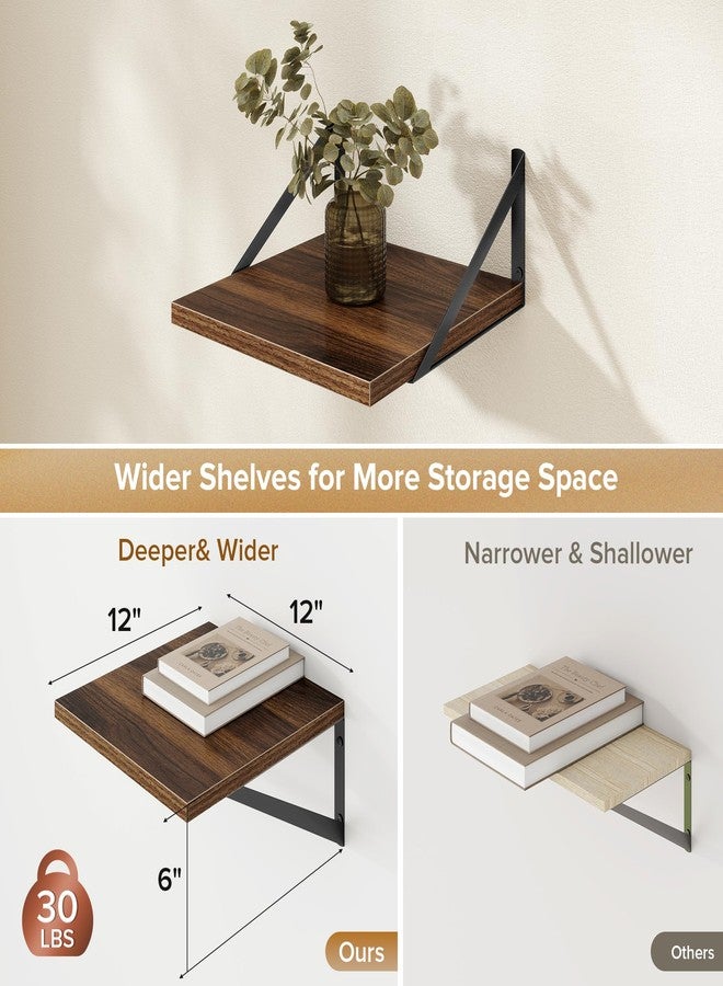 Acovy Deep Floating Shelves Wall Mounted, 12"x12" Walnut Wall Shelves with Brackets Set of 2 for Bedroom, Living Room, Bathroom, Kitchen, Office - Storage & Display Shelf for Decor, Books, Plants - Image 3