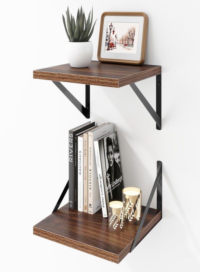 Acovy Deep Floating Shelves Wall Mounted, 12"x12" Walnut Wall Shelves with Brackets Set of 2 for Bedroom, Living Room, Bathroom, Kitchen, Office - Storage & Display Shelf for Decor, Books, Plants - Image 1