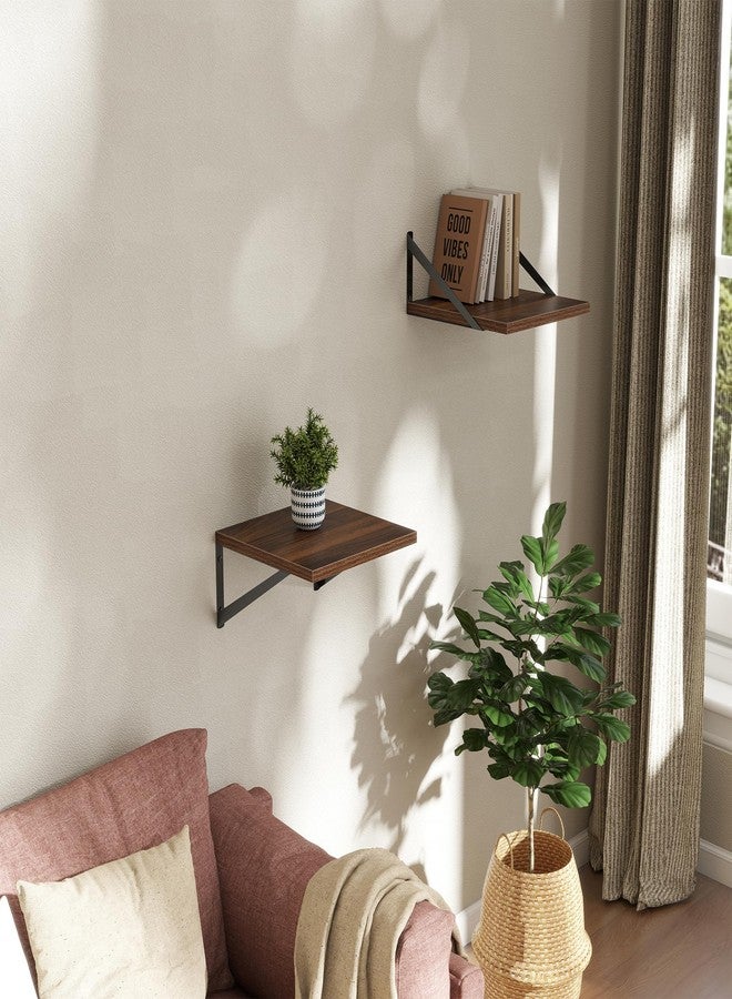 Acovy Deep Floating Shelves Wall Mounted, 12"x12" Walnut Wall Shelves with Brackets Set of 2 for Bedroom, Living Room, Bathroom, Kitchen, Office - Storage & Display Shelf for Decor, Books, Plants - Image 2