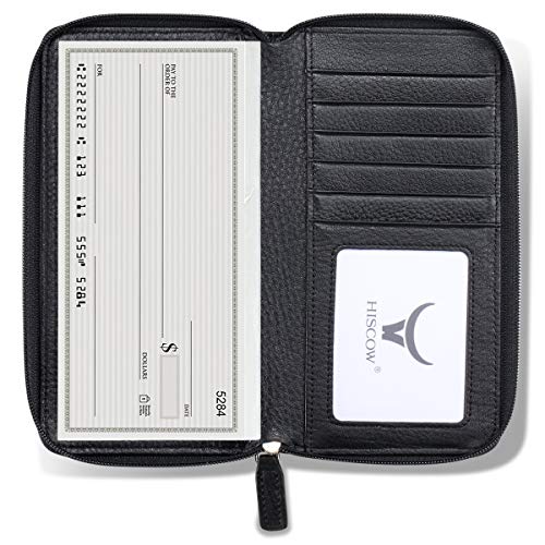 HISCOW Zippered Checkbook Cover & Card Holder with Divider - Italian Calfskin (Pebbled Black) - Image 1