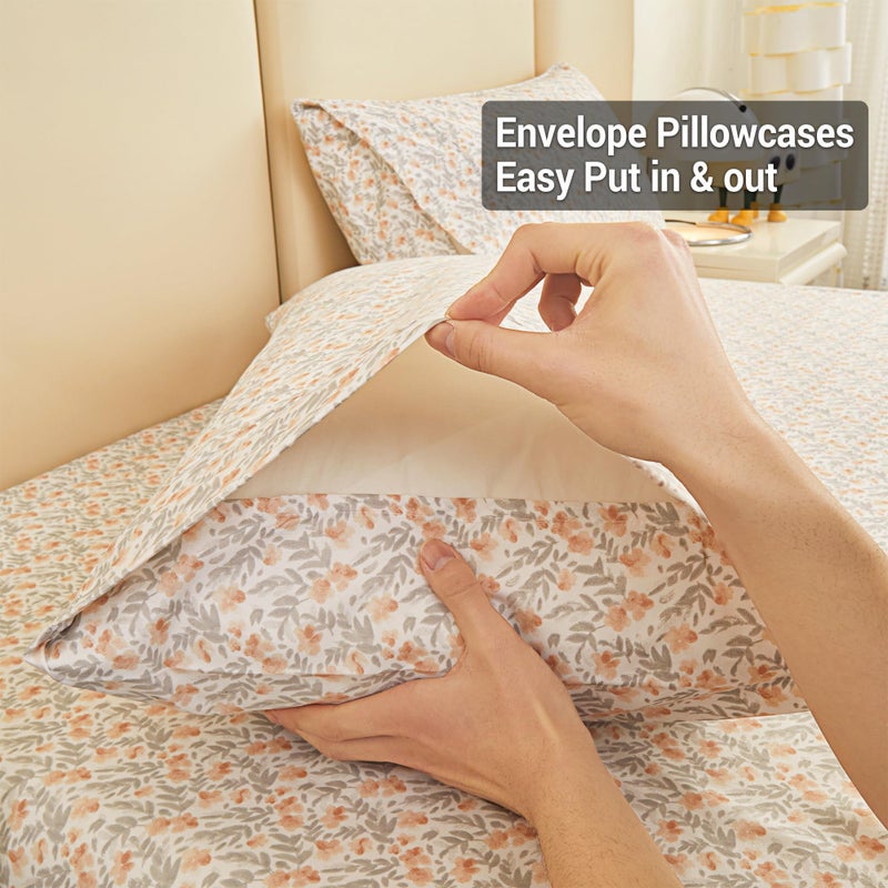 Viviland Floral Full Sheet Set - 4 Piece Vintage Light Orange Flower Patterned Bed Sheets - Soft, Breathable Microfiber Sheets with Deep Pocket, Non-Slip Fitted Sheets & Pillowcases - Image 5