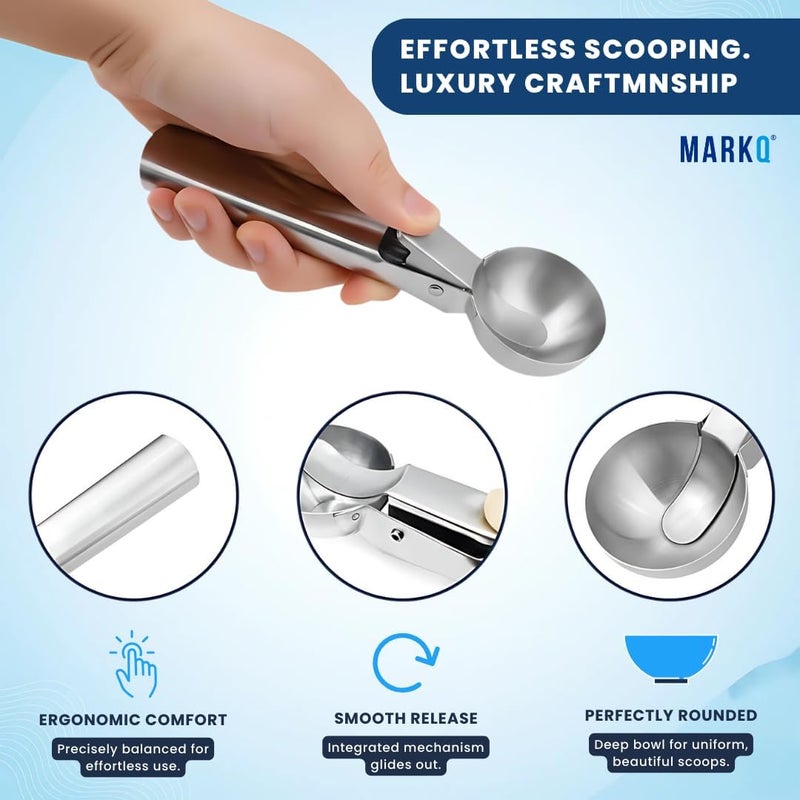 MARKQ Ice Cream Scoop – Stainless Steel Heavy Duty Scooper with Trigger for Ice Cream, Gelato, Cookie Dough, Sorbet, Melon, Hard Frozen Dessert Spoon, Silver – 1 Pack - Image 2