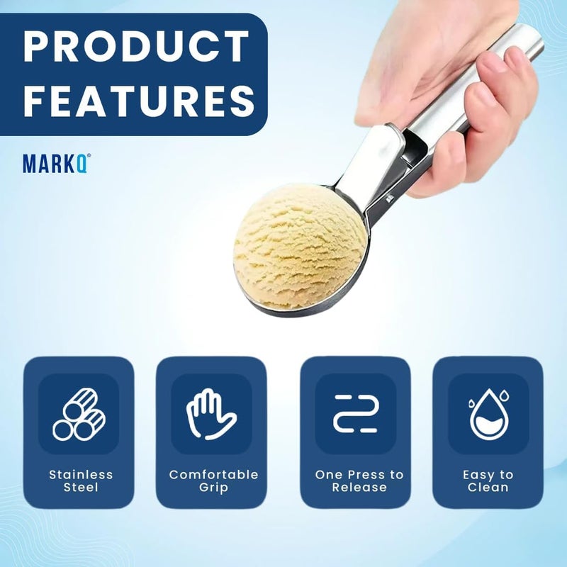 MARKQ Ice Cream Scoop – Stainless Steel Heavy Duty Scooper with Trigger for Ice Cream, Gelato, Cookie Dough, Sorbet, Melon, Hard Frozen Dessert Spoon, Silver – 1 Pack - Image 4