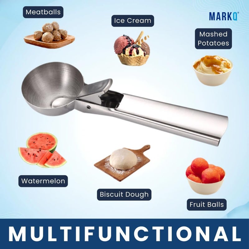 MARKQ Ice Cream Scoop – Stainless Steel Heavy Duty Scooper with Trigger for Ice Cream, Gelato, Cookie Dough, Sorbet, Melon, Hard Frozen Dessert Spoon, Silver – 1 Pack - Image 3