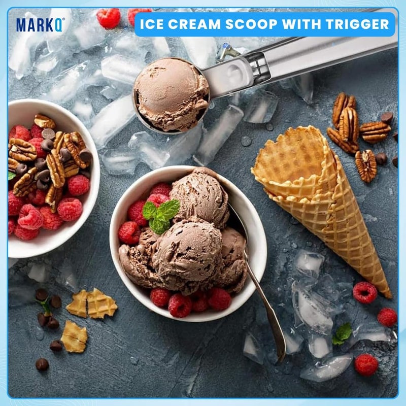 MARKQ Ice Cream Scoop – Stainless Steel Heavy Duty Scooper with Trigger for Ice Cream, Gelato, Cookie Dough, Sorbet, Melon, Hard Frozen Dessert Spoon, Silver – 1 Pack - Image 5