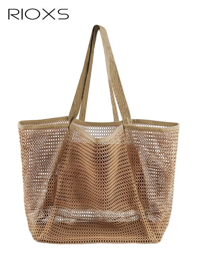 RIOXS Women's Large Mesh Beach Bag, Causal Sandproof Beach Tote Swimming Bag with Zippered Pocket for Ladies, Foldable Lightweight Pool Bag  Hobo Bangs for Seaside Travel Pool Cruise Camping, Toys and Vacation Essentials, Brown - Image 1