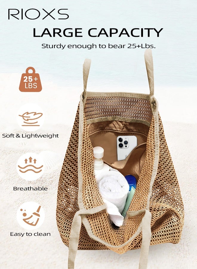 RIOXS Women's Large Mesh Beach Bag, Causal Sandproof Beach Tote Swimming Bag with Zippered Pocket for Ladies, Foldable Lightweight Pool Bag  Hobo Bangs for Seaside Travel Pool Cruise Camping, Toys and Vacation Essentials, Brown - Image 3