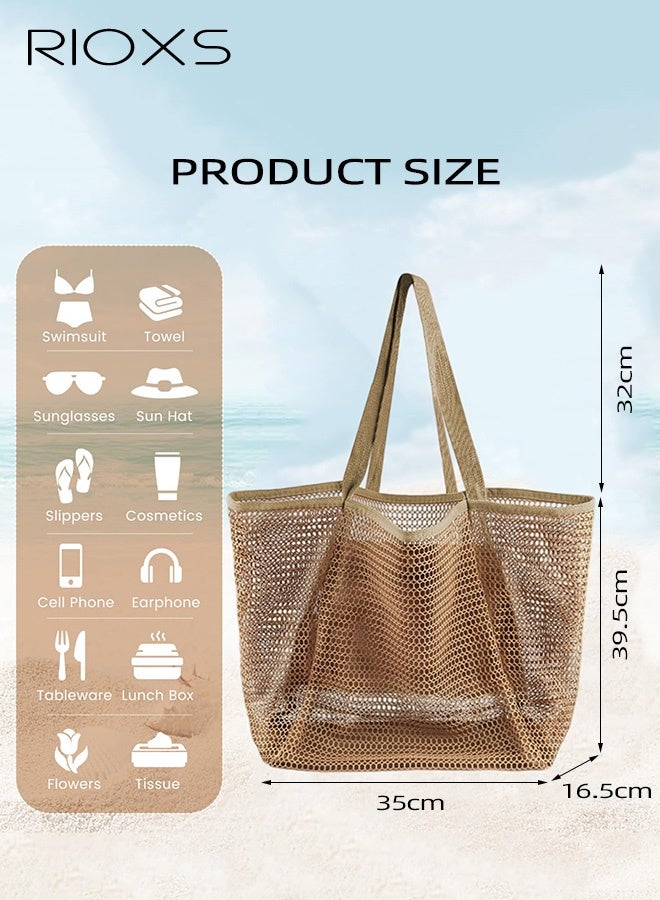 RIOXS Women's Large Mesh Beach Bag, Causal Sandproof Beach Tote Swimming Bag with Zippered Pocket for Ladies, Foldable Lightweight Pool Bag  Hobo Bangs for Seaside Travel Pool Cruise Camping, Toys and Vacation Essentials, Brown - Image 4