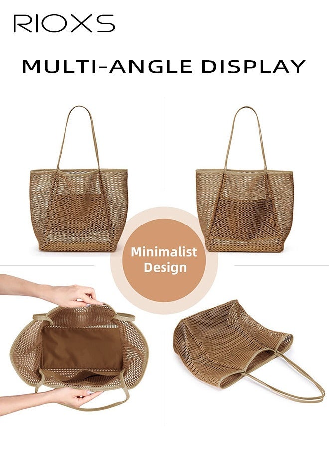 RIOXS Women's Large Mesh Beach Bag, Causal Sandproof Beach Tote Swimming Bag with Zippered Pocket for Ladies, Foldable Lightweight Pool Bag  Hobo Bangs for Seaside Travel Pool Cruise Camping, Toys and Vacation Essentials, Brown - Image 5