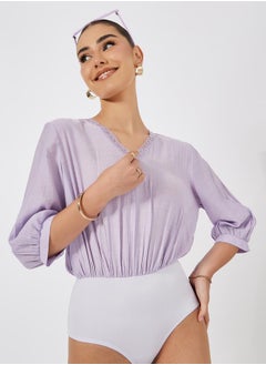 Styli Solid V-Neck Bodysuit with Balloon Sleeve  - Image 1
