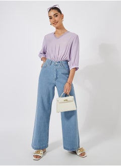 Styli Solid V-Neck Bodysuit with Balloon Sleeve  - Image 2