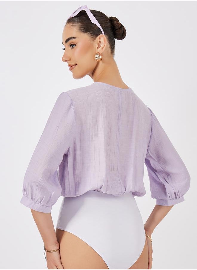 Styli Solid V-Neck Bodysuit with Balloon Sleeve  - Image 5