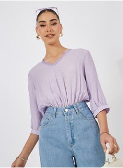 Styli Solid V-Neck Bodysuit with Balloon Sleeve  - Image 3
