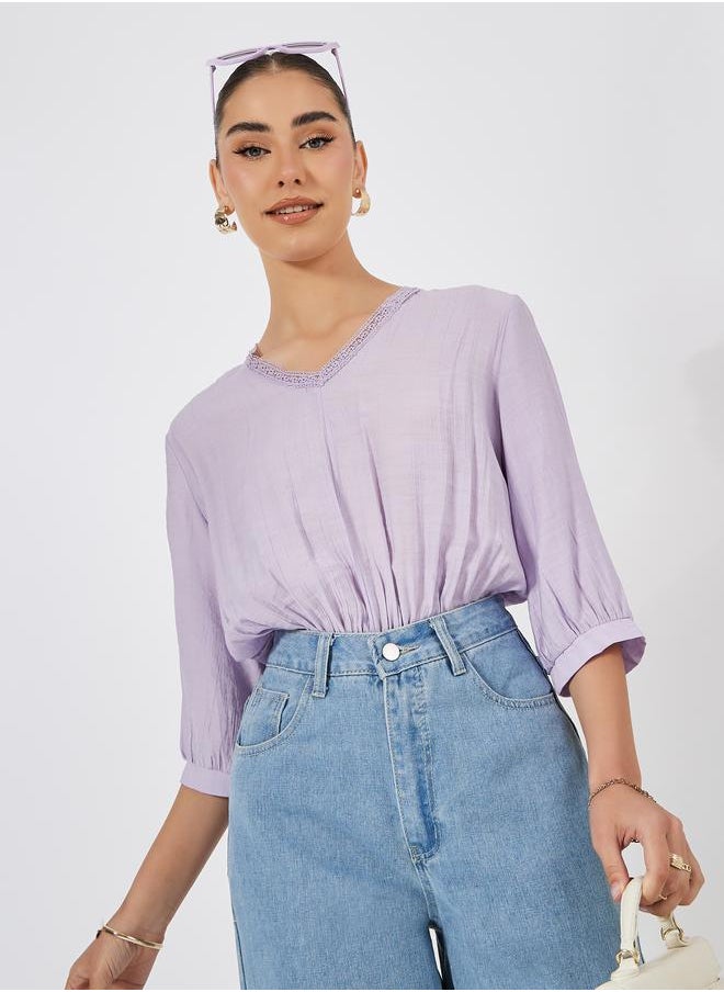 Styli Solid V-Neck Bodysuit with Balloon Sleeve  - Image 3