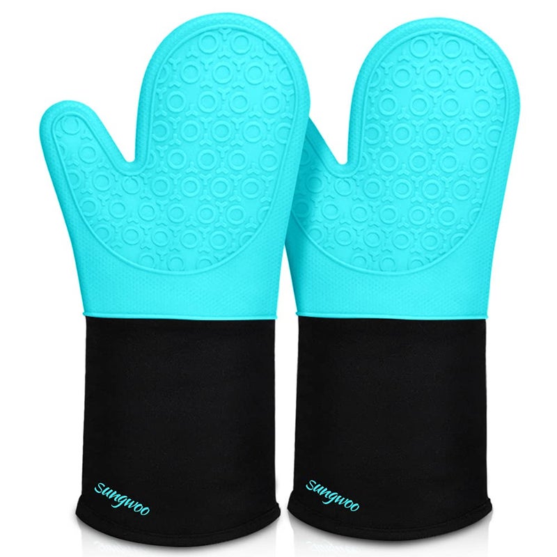 sungwoo Extra Long Silicone Oven Mitts Heat Resistant Oven Gloves with Quilted Liner NonSlip Textured Grip Perfect for BBQ Baking Cooking and Grilling  1 Pair 146 Inch Turquoise  Black
