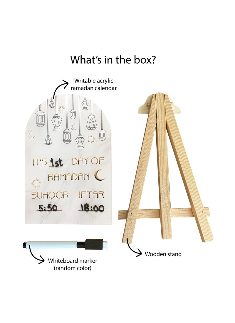 Kashco - Kashco Ramadan Advent Calendar – Dry Erase Advent Calendar Board with Iftar and Suhoor Time – Acrylic Tracking Ramadan Calendar with Wooden Stand – Ramadan Decorations for Home and Table Decor - Image 1