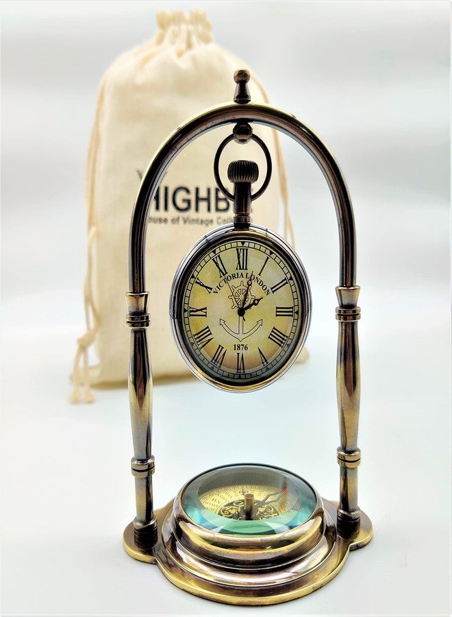 HIGHBIX Antique Victoria London Table Clock with Maritime Vintage Brass Compass (Brown) - Image 5