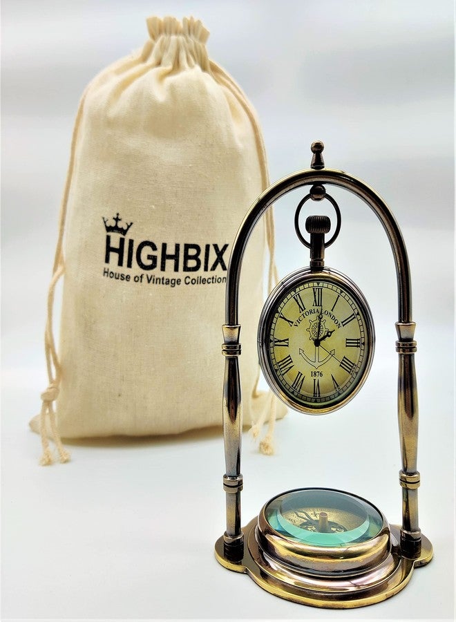 HIGHBIX Antique Victoria London Table Clock with Maritime Vintage Brass Compass (Brown) - Image 2