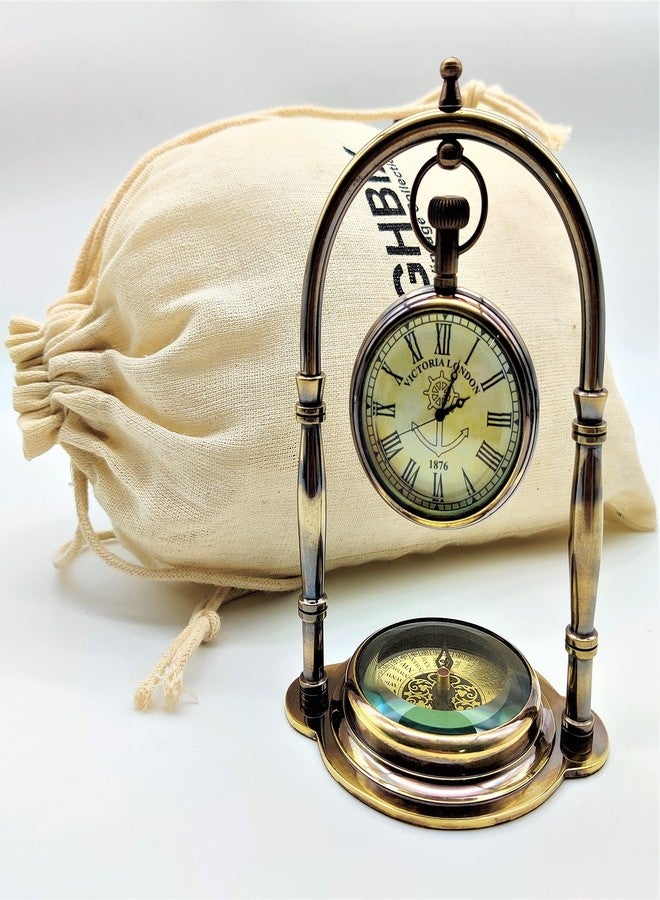 HIGHBIX Antique Victoria London Table Clock with Maritime Vintage Brass Compass (Brown) - Image 1