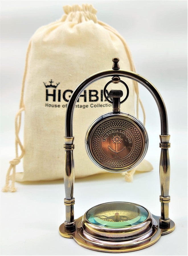 HIGHBIX Antique Victoria London Table Clock with Maritime Vintage Brass Compass (Brown) - Image 3