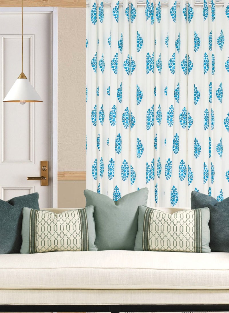 OJARIYA Blue Paisley Hand Block Printed 100 Percent Premium Organic Cotton Curtains 274 X 152 Cm - Image 1
