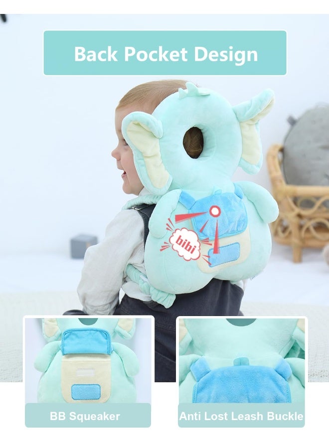 JunNeng Baby Head Protector Backpack with Squeaker，Toddler Head Safety Protection Cushion, Light Blue Elephant - Image 3