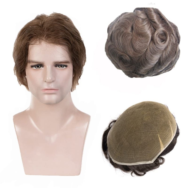 Amiable Mens Toupee French Lace Hairpiece, European Human Hair Replacement for Men Hair Replacement with Soft Thin Lace, Blonde Color #6