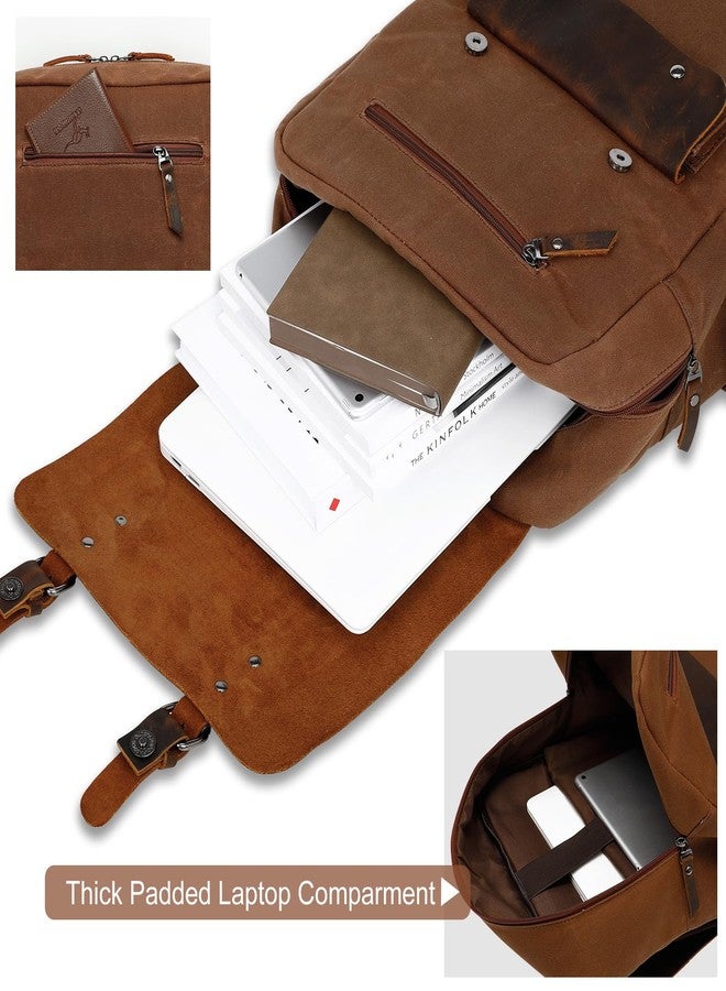 Modoker Waxed Canvas Backpack, Leather Rucksack Knapsack for Men Woman Vintage Travel Laptop Backpack 15.6 Inch Satchel Backpack, Retro Flap Backpacks Canvas Casual Bookbag Brown - Image 4