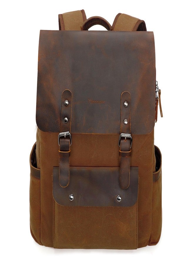 Modoker Waxed Canvas Backpack, Leather Rucksack Knapsack for Men Woman Vintage Travel Laptop Backpack 15.6 Inch Satchel Backpack, Retro Flap Backpacks Canvas Casual Bookbag Brown - Image 1