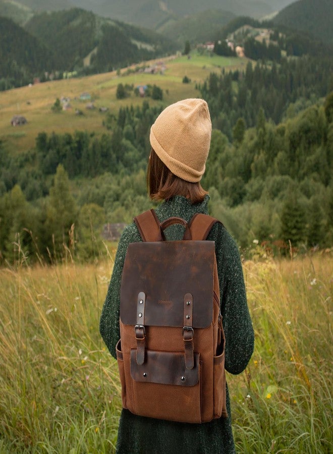 Modoker Waxed Canvas Backpack, Leather Rucksack Knapsack for Men Woman Vintage Travel Laptop Backpack 15.6 Inch Satchel Backpack, Retro Flap Backpacks Canvas Casual Bookbag Brown - Image 2