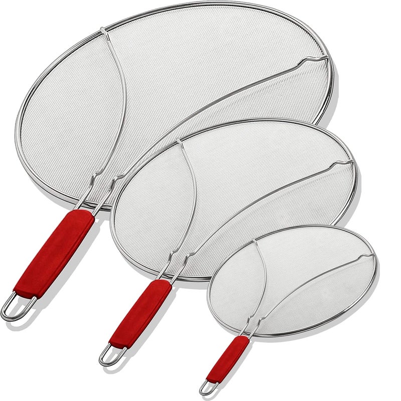 Alpha Living 60134ST Set of 3 Splatter Screens 13 115 and 95 Stainless Steel Fine Mesh Comfort Grip Handles Grease Oil Guard for Frying Pans Boiling Pots Safe Cooking Lid Set of 3
