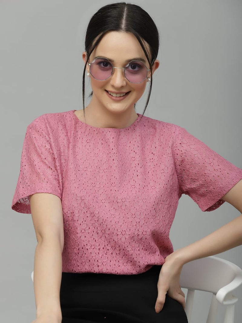 Style Quotient Women Pink Self Design Cotton Lace Regular Smart Casual Tops - Image 3