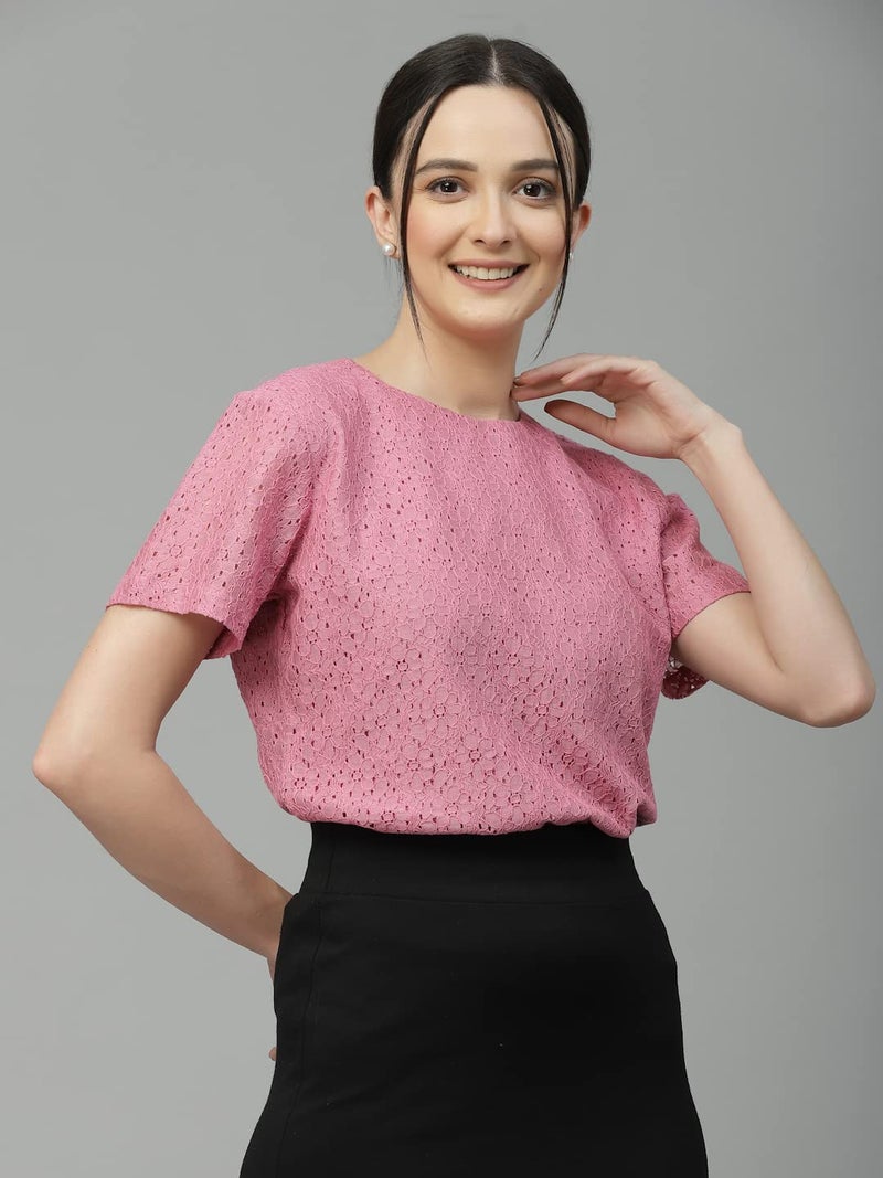 Style Quotient Women Pink Self Design Cotton Lace Regular Smart Casual Tops - Image 4