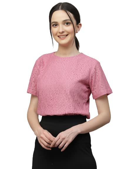 Style Quotient Women Pink Self Design Cotton Lace Regular Smart Casual Tops - Image 2