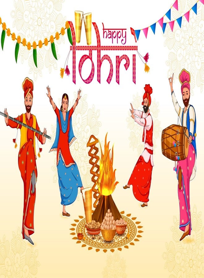 CORFOTO 7x5ft Fabric Happy Lohri Festival Backdrop Cartoon Indian People Punjabi Religious Holiday Background for Harvesting Festival Party Decorations Banner Kids Adults Photo Props - Image 1