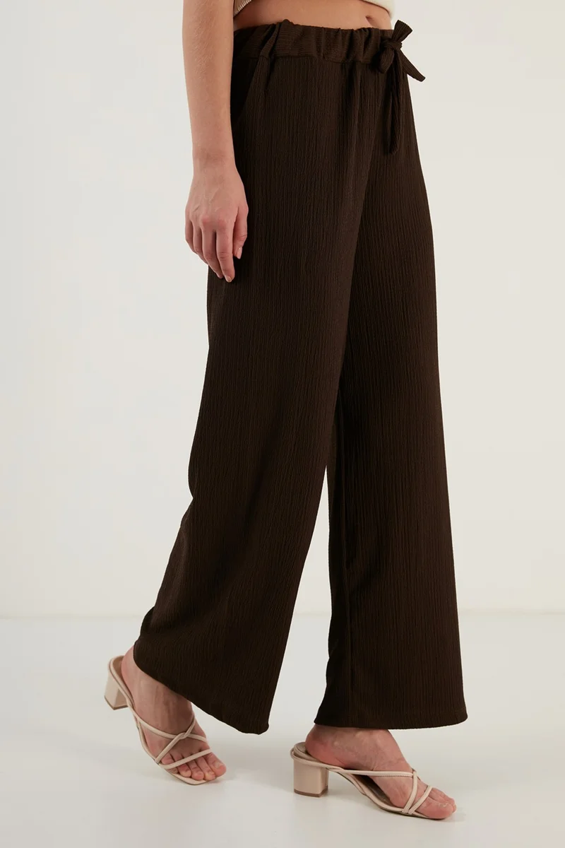 Lela Waist Tied Comfortable Cut Crinkle Fabric Trousers Women's Trousers 5862061